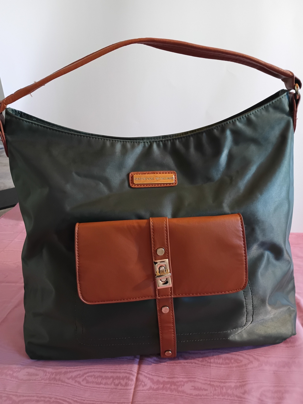 Adrienne Vittadini Dark Green Nylon Shoulder Bag with Brown Leather Flap